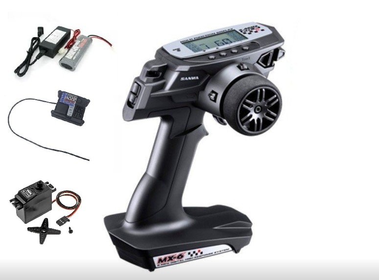 Jazrider Sanwa MX-6 3-Channel 2.4GHz Transmitter with RX-391W, Servo, Battery & Charger Beginner Combo Set for 1/10 RC Car