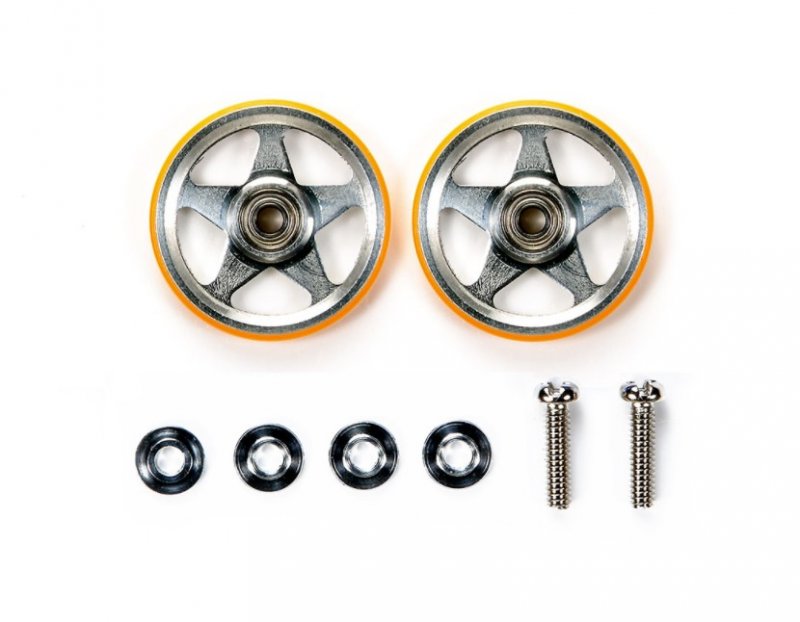 Tamiya 95385 - 19mm Aluminum Rollers 5 Spokes with Plastic Ring (Orange)